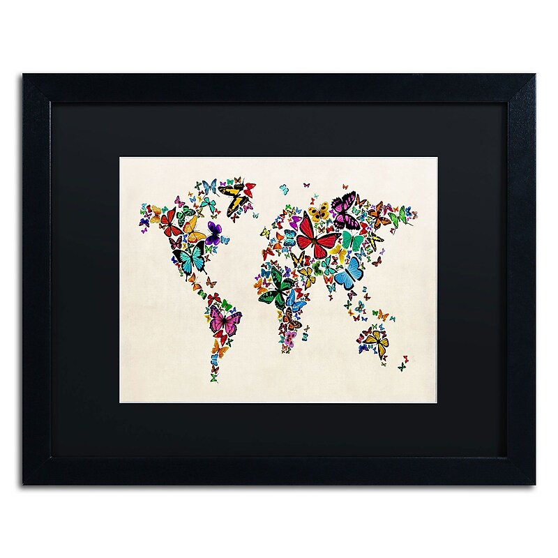 Trademark Michael Tompsett "Butterflies Map of..World II" Art, Black Matte W/Black Frame, 16" x 20" image 1