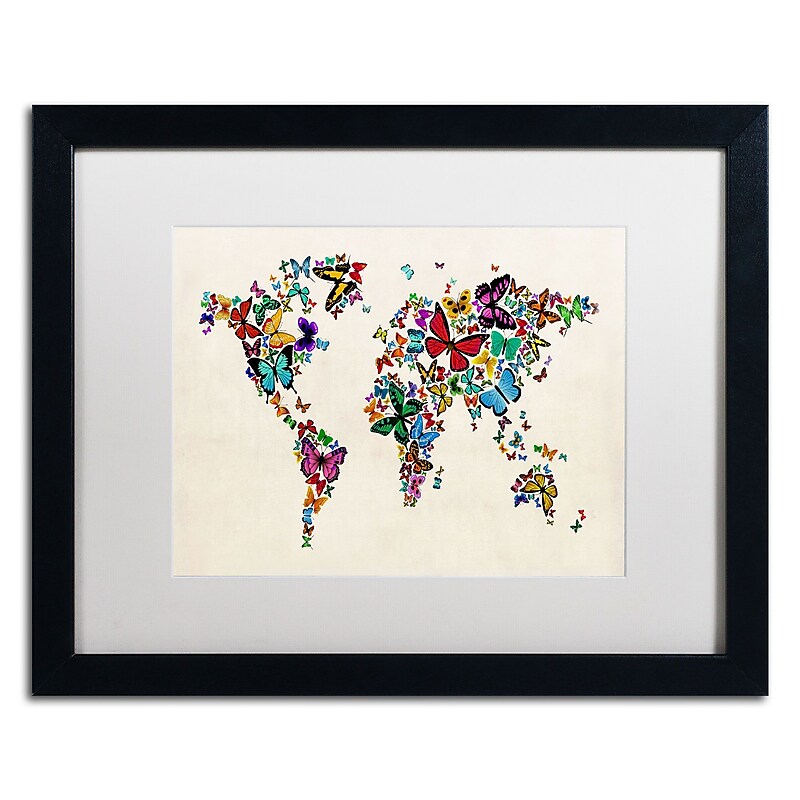 Trademark Michael Tompsett "Butterflies Map of..World II" Art, White Matte W/Black Frame, 16" x 20" image 1