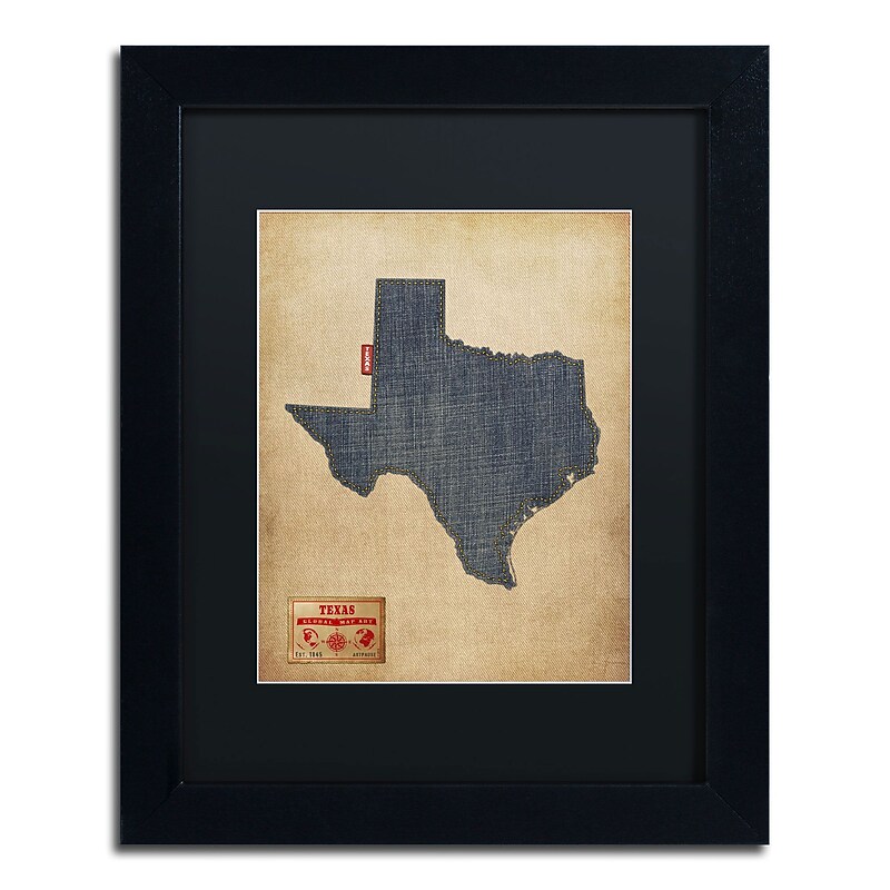 Trademark Michael Tompsett "Texas Map Denim Jeans Style" Art, Black Matte W/Black Frame, 11" x 14" image 1