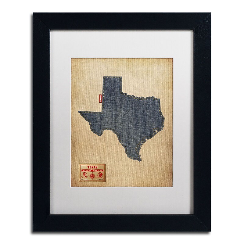 Trademark Michael Tompsett "Texas Map Denim Jeans Style" Art, White Matte W/Black Frame, 11" x 14" image 1