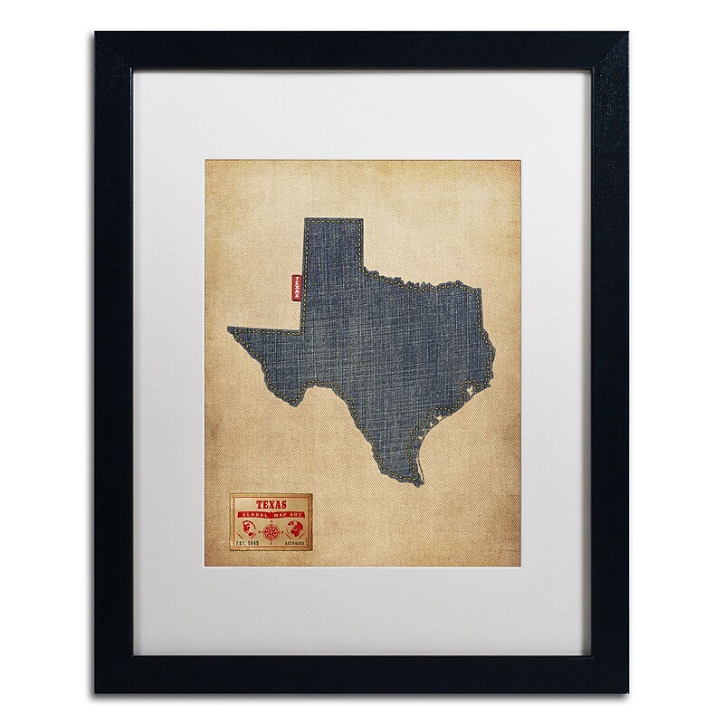 Trademark Michael Tompsett "Texas Map Denim Jeans Style" Art, White Matte W/Black Frame, 16" x 20" image 1