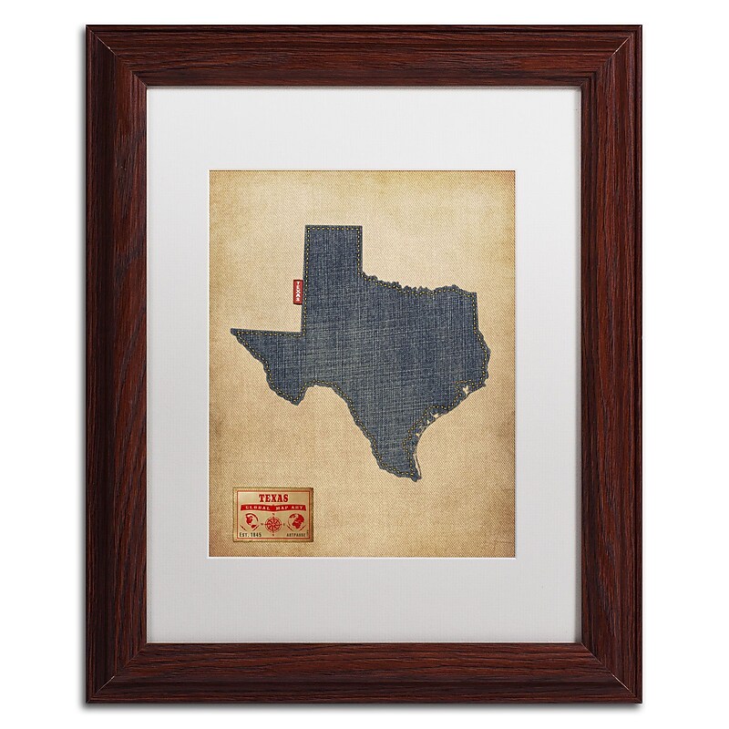Trademark Michael Tompsett "Texas Map Denim Jeans Style" Art, White Matte W/Wood Frame, 11" x 14" image 1