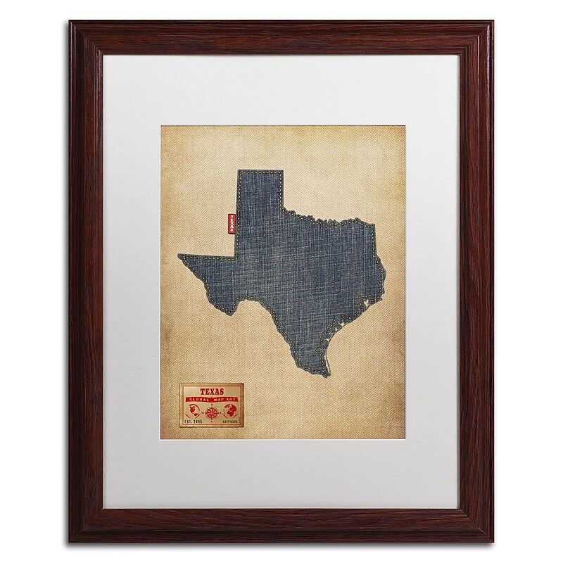 Trademark Michael Tompsett "Texas Map Denim Jeans Style" Art, White Matte W/Wood Frame, 16" x 20" image 1