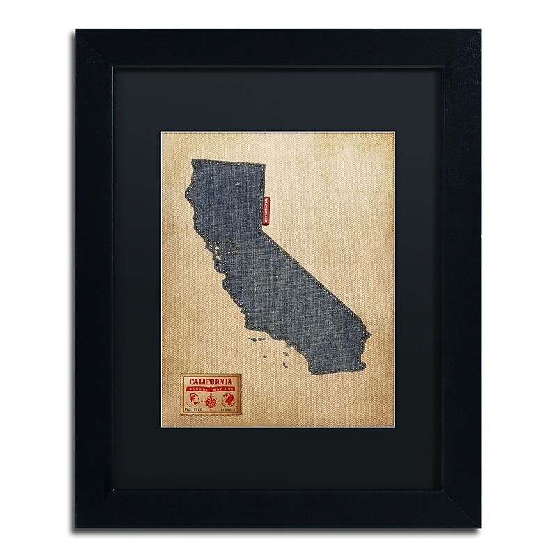Trademark Michael Tompsett "California Map Denim Jeans.." Art, Black Matte W/Black Frame, 11" x 14" image 1