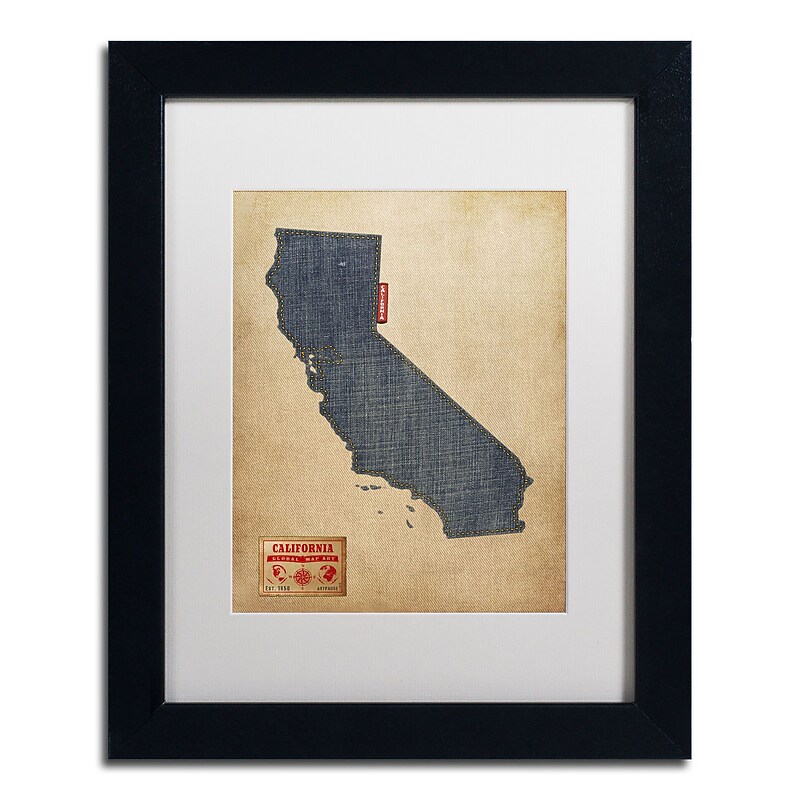Trademark Michael Tompsett "California Map Denim Jeans.." Art, White Matte W/Black Frame, 11" x 14" image 1