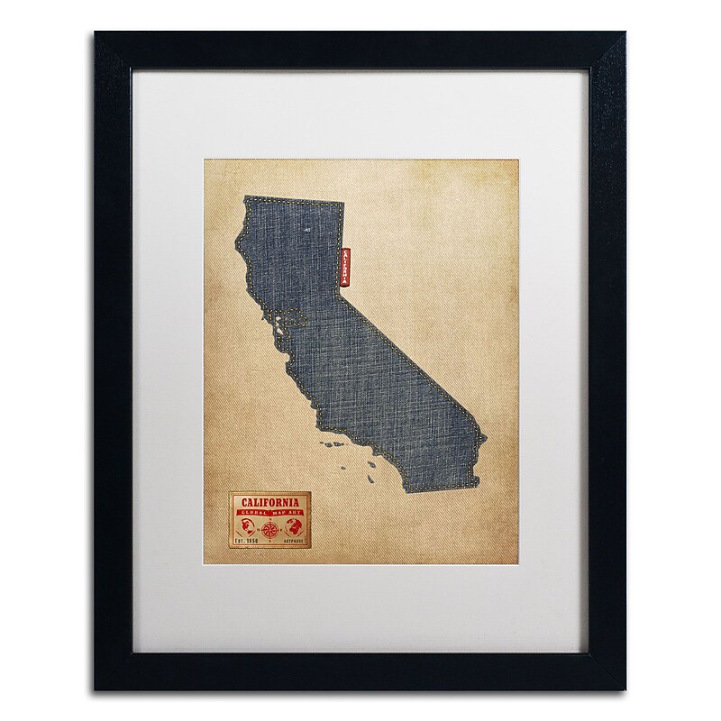 Trademark Michael Tompsett "California Map Denim Jeans.." Art, White Matte W/Black Frame, 16" x 20" image 1