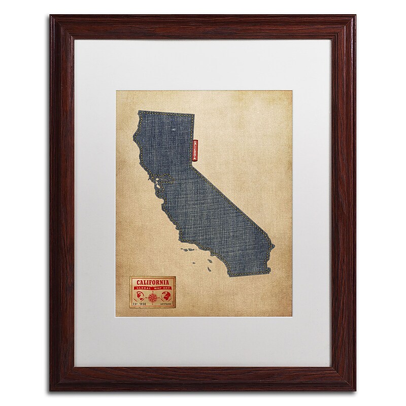 Trademark Michael Tompsett "California Map Denim Jeans.." Art, White Matte W/Wood Frame, 16" x 20" image 1