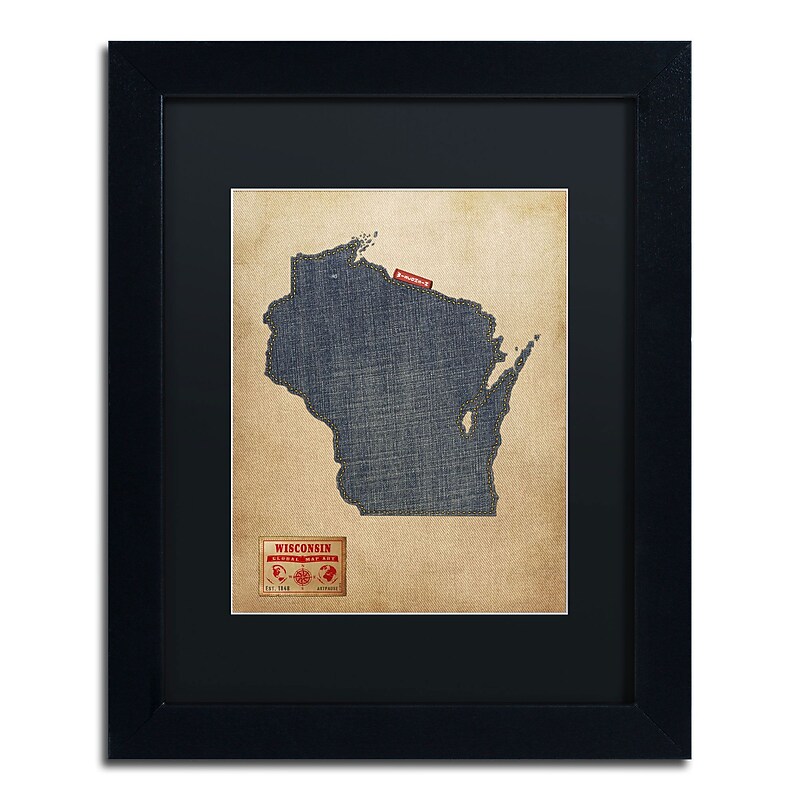 Trademark Michael Tompsett "Wisconsin Map Denim Jeans.." Art, Black Matte W/Black Frame, 11" x 14" image 1