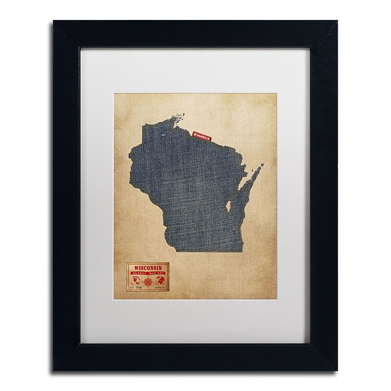 Trademark Michael Tompsett "Wisconsin Map Denim Jeans.." Art, White Matte W/Black Frame, 11" x 14" image 1