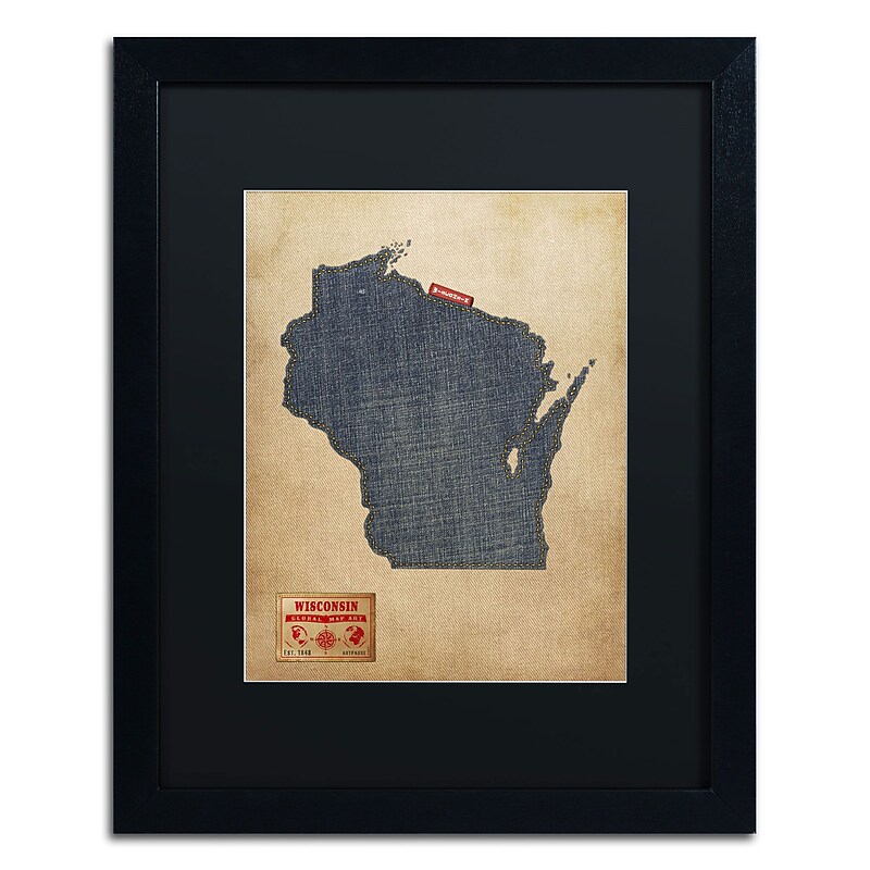 Trademark Michael Tompsett "Wisconsin Map Denim Jeans.." Art, Black Matte W/Black Frame, 16" x 20" image 1