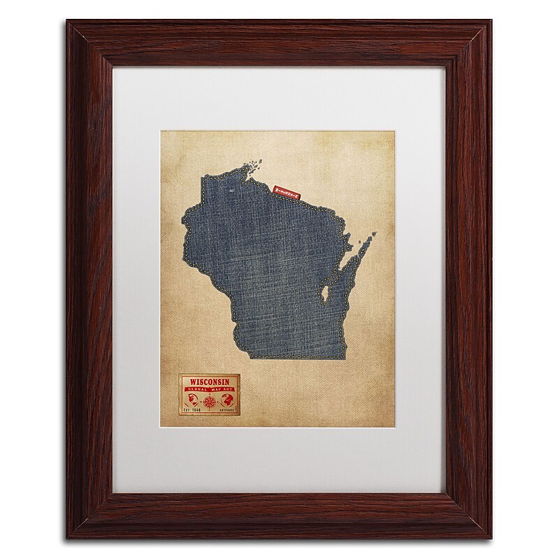 Trademark Michael Tompsett "Wisconsin Map Denim Jeans.." Art, White Matte W/Wood Frame, 11" x 14" image 1