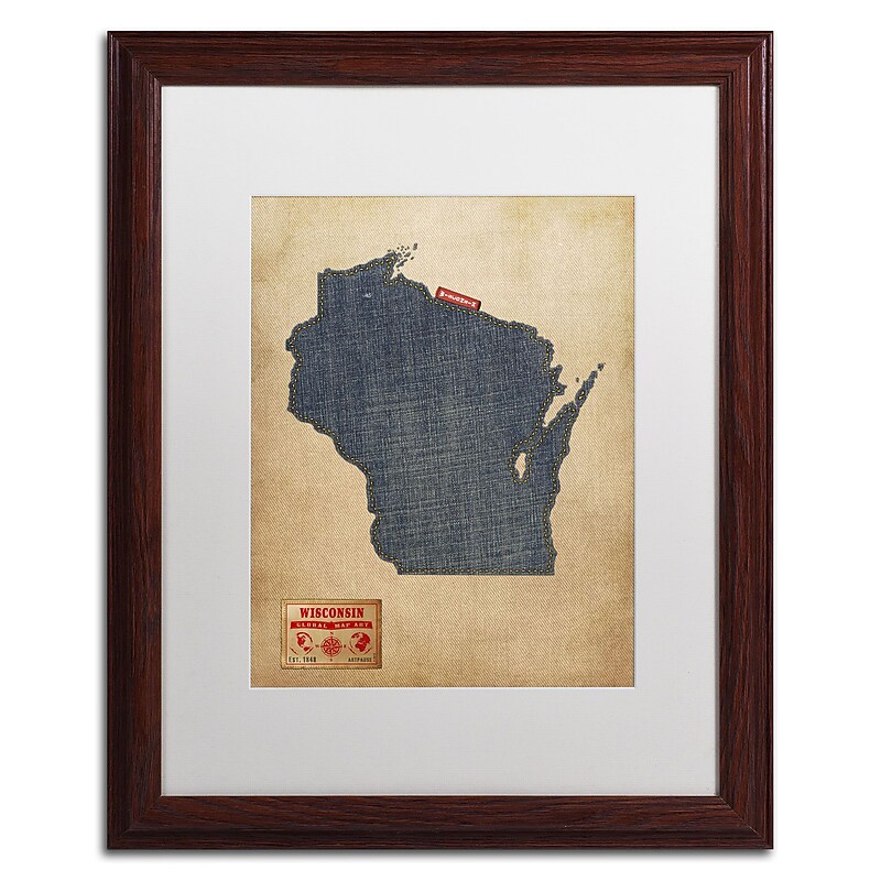 Trademark Michael Tompsett "Wisconsin Map Denim Jeans.." Art, White Matte W/Wood Frame, 16" x 20" image 1