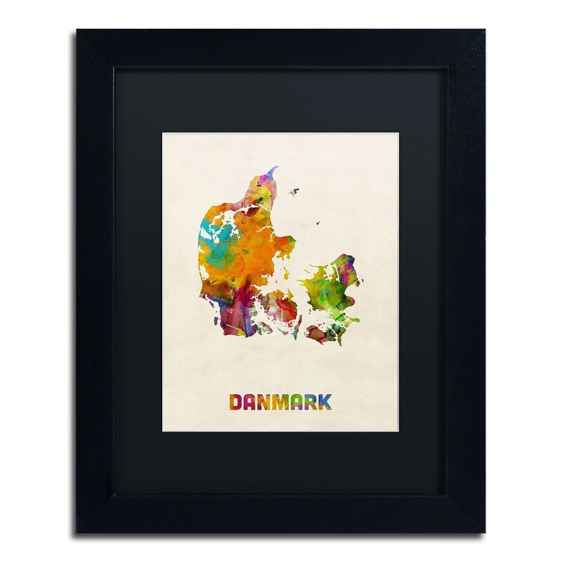 Trademark Michael Tompsett "Denmark Watercolor Map" Art, Black Matte W/Black Frame, 11" x 14" image 1