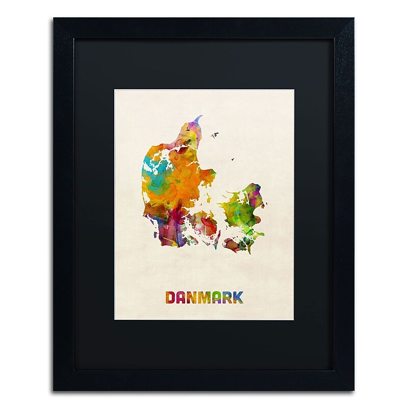 Trademark Michael Tompsett "Denmark Watercolor Map" Art, Black Matte W/Black Frame, 16" x 20" image 1
