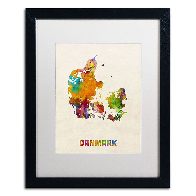 Trademark Michael Tompsett "Denmark Watercolor Map" Art, White Matte W/Black Frame, 16" x 20" image 1