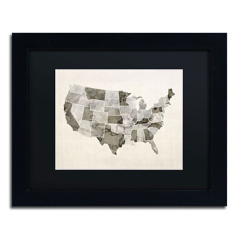 Trademark Michael Tompsett "United States Watercolor Map" Art, Black Matte W/Black Frame, 11" x 14" image 1