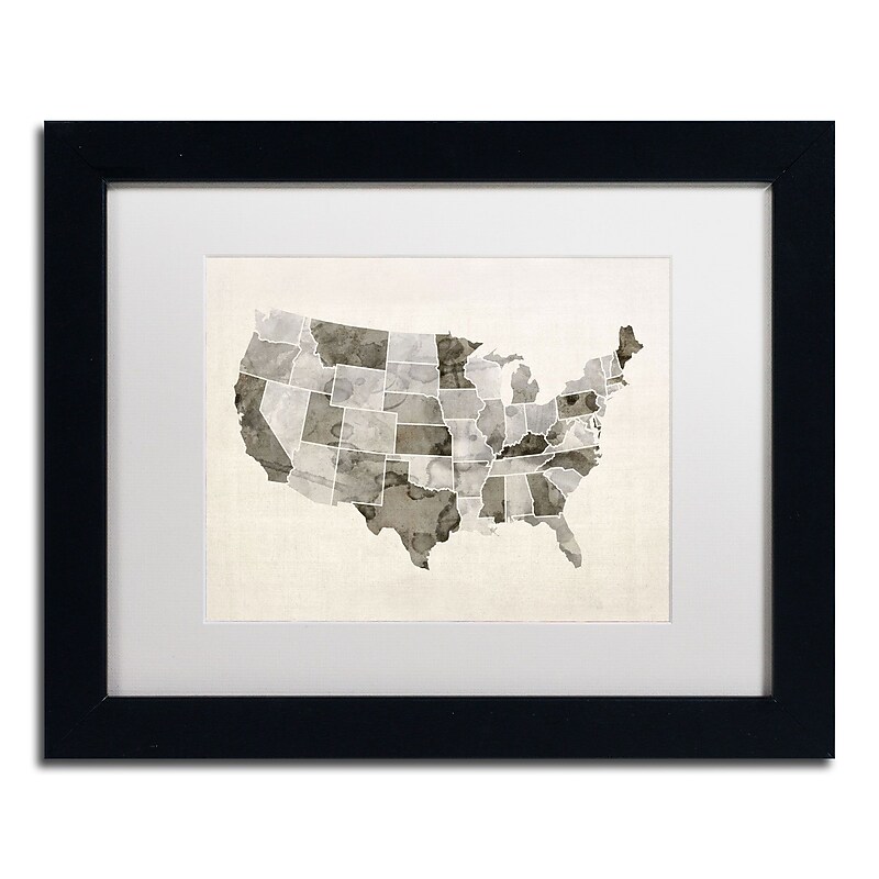 Trademark Michael Tompsett "United States Watercolor Map" Art, White Matte W/Black Frame, 11" x 14" image 1