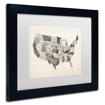Trademark Michael Tompsett "United States Watercolor Map" Art, White Matte W/Black Frame, 11" x 14"
