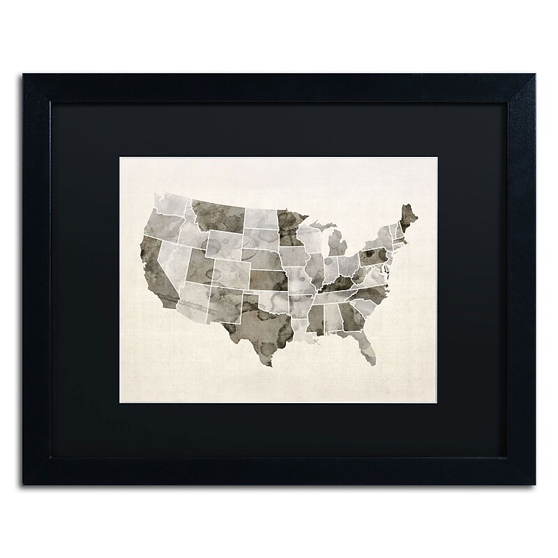 Trademark Michael Tompsett "United States Watercolor Map" Art, Black Matte W/Black Frame, 16" x 20" image 1
