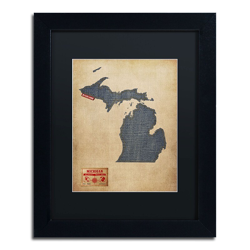 Trademark Michael Tompsett "Michigan Map Denim Jeans.." Art, Black Matte W/Black Frame, 11" x 14" image 1