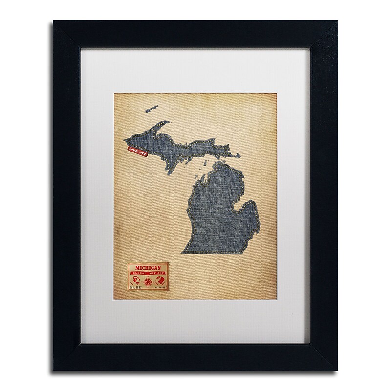Trademark Michael Tompsett "Michigan Map Denim Jeans.." Art, White Matte W/Black Frame, 11" x 14" image 1