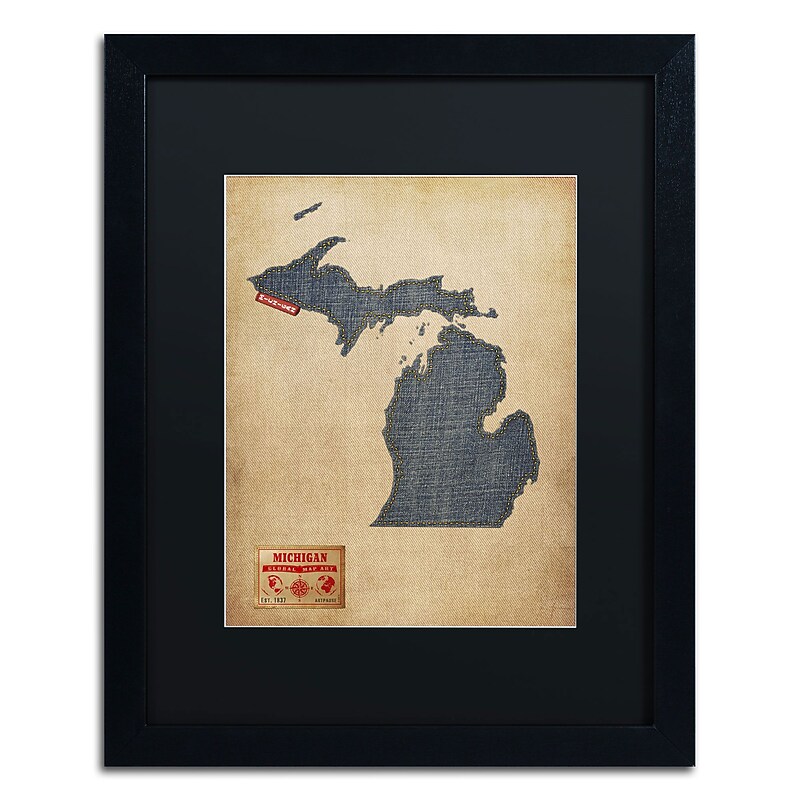 Trademark Michael Tompsett "Michigan Map Denim Jeans.." Art, Black Matte W/Black Frame, 16" x 20" image 1