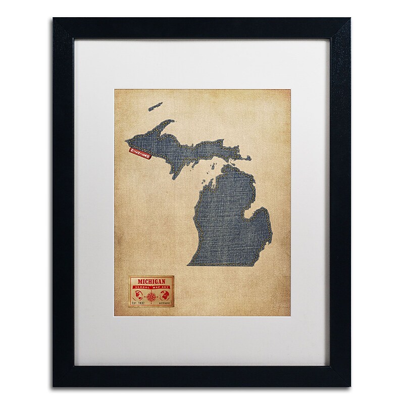 Trademark Michael Tompsett "Michigan Map Denim Jeans.." Art, White Matte W/Black Frame, 16" x 20" image 1