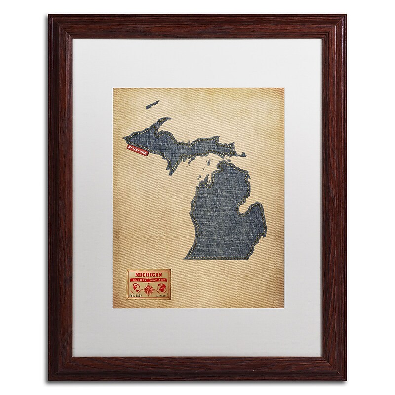 Trademark Michael Tompsett "Michigan Map Denim Jeans.." Art, White Matte W/Wood Frame, 16" x 20" image 1