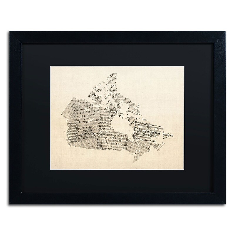 Trademark Michael Tompsett "Old Sheet Music Map of Canada" Art, Black Matte W/Black Frame, 16" x 20" image 1
