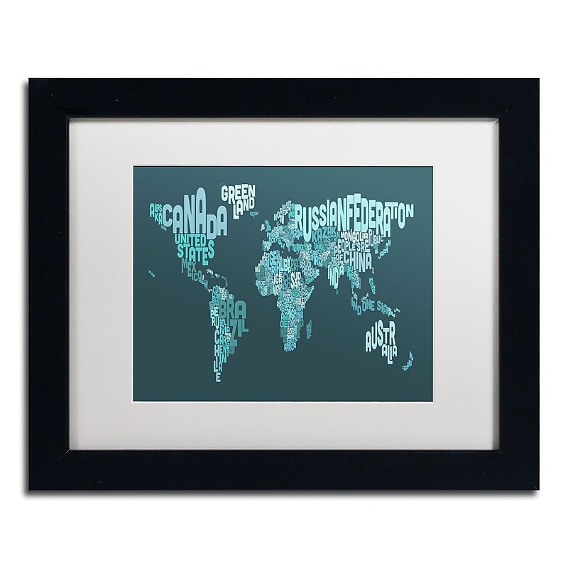 Trademark Michael Tompsett "Text Map of the World II" Art, White Matte W/Black Frame, 11" x 14" image 1