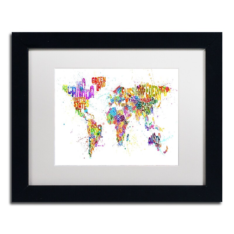 Trademark Michael Tompsett "Paint Splashes Text..World" Art, White Matte W/Black Frame, 11" x 14" image 1