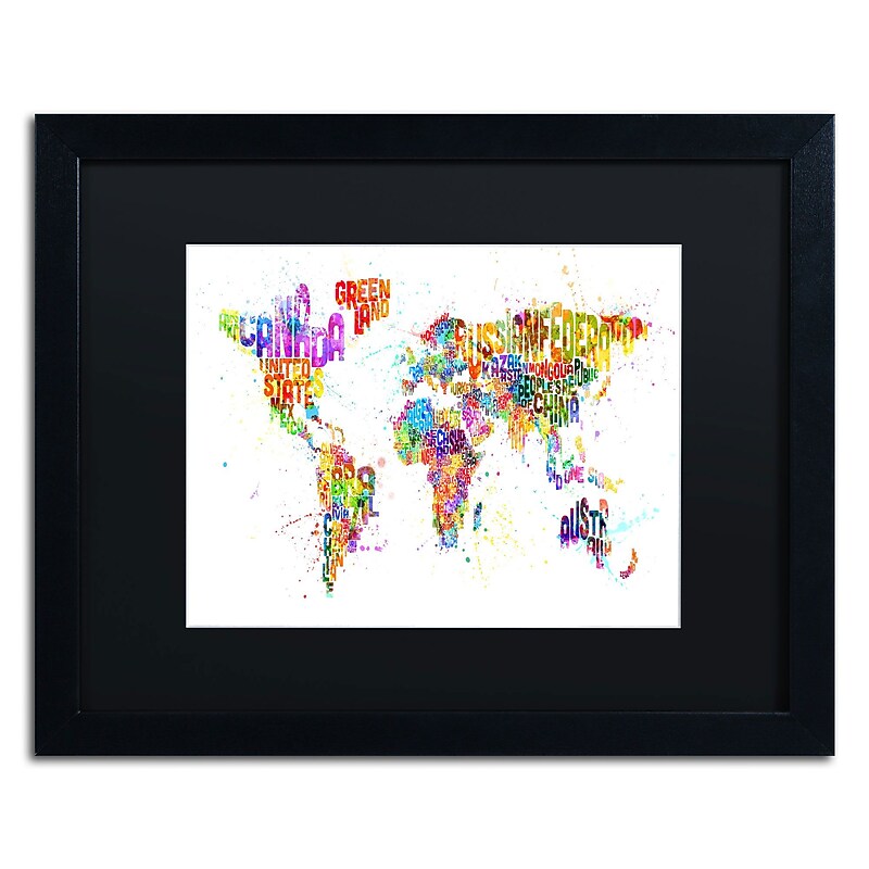 Trademark Michael Tompsett "Paint Splashes Text..World" Art, Black Matte W/Black Frame, 16" x 20" image 1