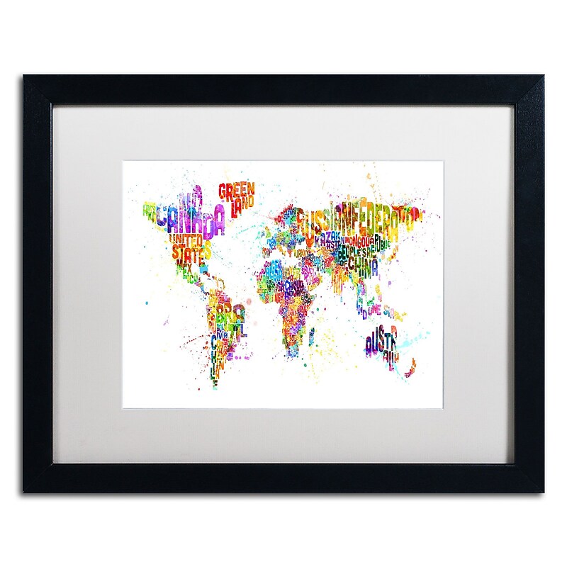 Trademark Michael Tompsett "Paint Splashes Text..World" Art, White Matte W/Black Frame, 16" x 20" image 1