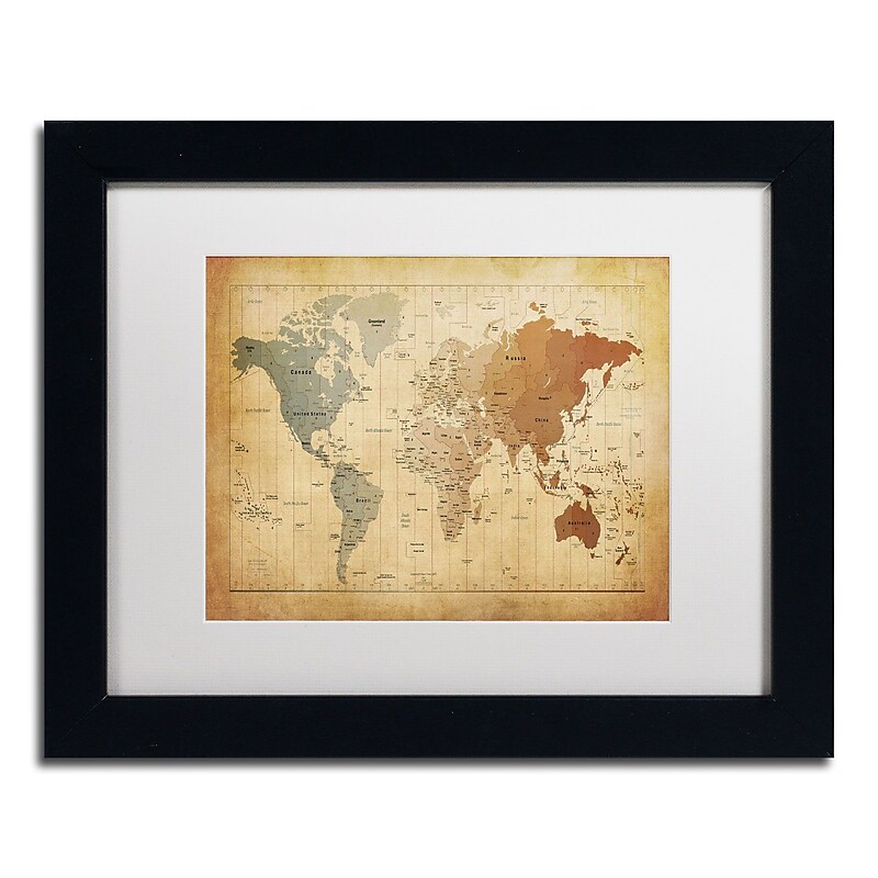 Trademark Michael Tompsett "Time Zones Map of the World" Art, White Matte W/Black Frame, 11" x 14" image 1
