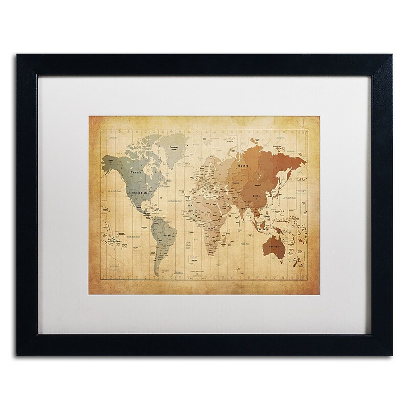 Trademark Michael Tompsett "Time Zones Map of the World" Art, White Matte W/Black Frame, 16" x 20" image 1