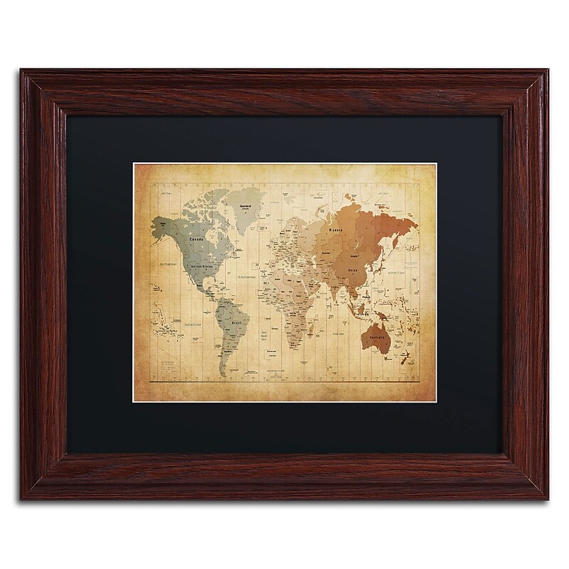 Trademark Michael Tompsett "Time Zones Map of the World" Art, Black Matte W/Wood Frame, 11" x 14" image 1