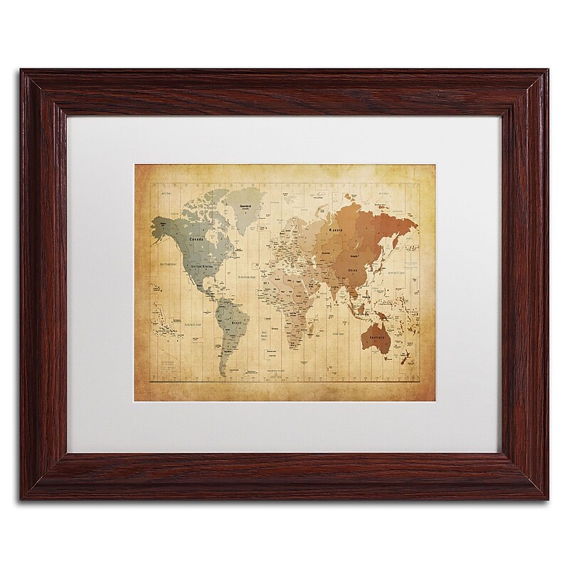 Trademark Michael Tompsett "Time Zones Map of the World" Art, White Matte W/Wood Frame, 11" x 14" image 1