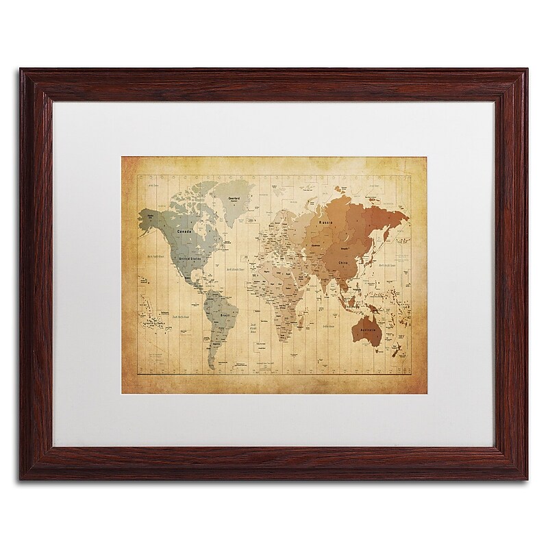 Trademark Michael Tompsett "Time Zones Map of the World" Art, White Matte W/Wood Frame, 16" x 20" image 1