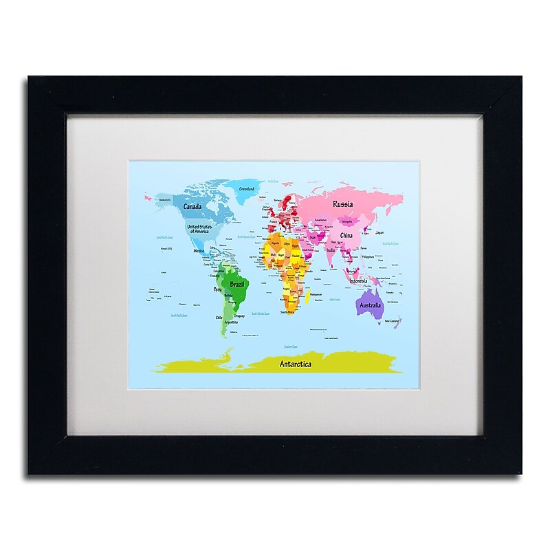Trademark Michael Tompsett "World Map for Kids" Art, White Matte W/Black Frame, 11" x 14" image 1