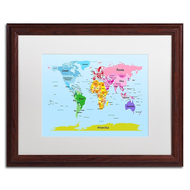Trademark Michael Tompsett "World Map for Kids" Art, White Matte W/Wood Frame, 16" x 20" image 1
