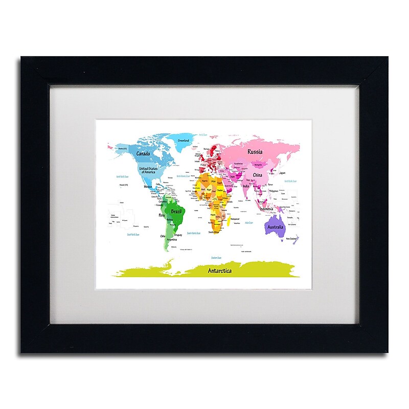 Trademark Michael Tompsett "World Map for Kids II" Art, White Matte W/Black Frame, 11" x 14" image 1