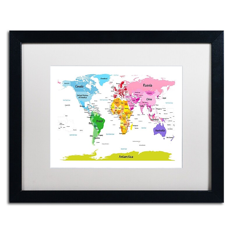 Trademark Michael Tompsett "World Map for Kids II" Art, White Matte W/Black Frame, 16" x 20" image 1