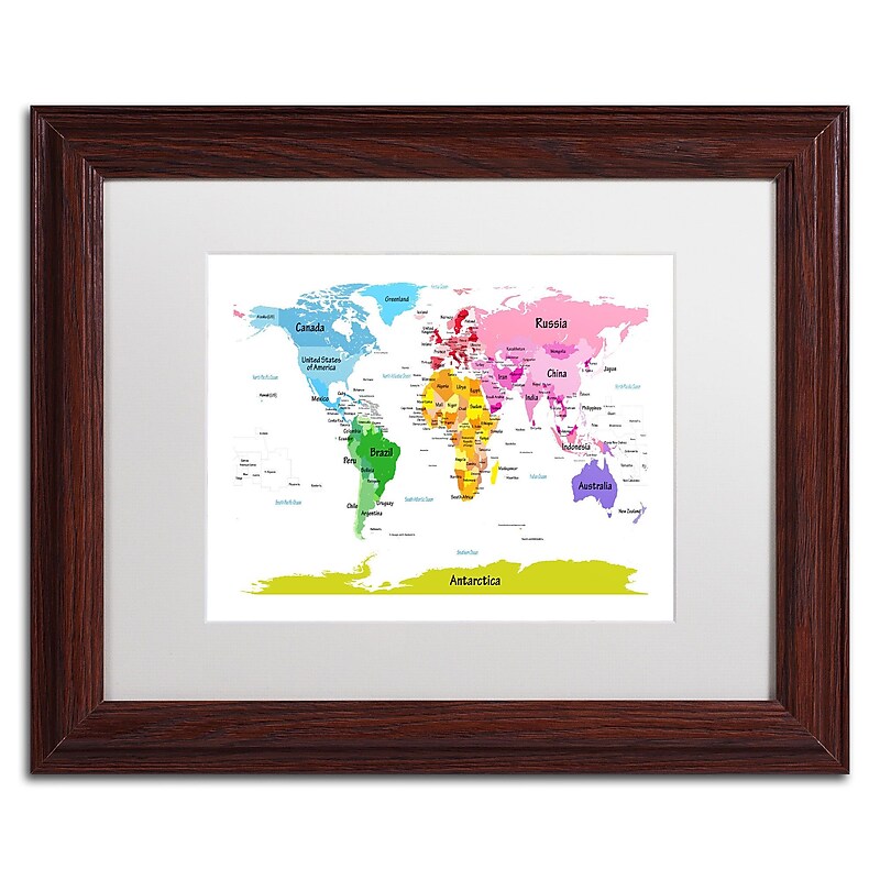 Trademark Michael Tompsett "World Map for Kids II" Art, White Matte W/Wood Frame, 11" x 14" image 1