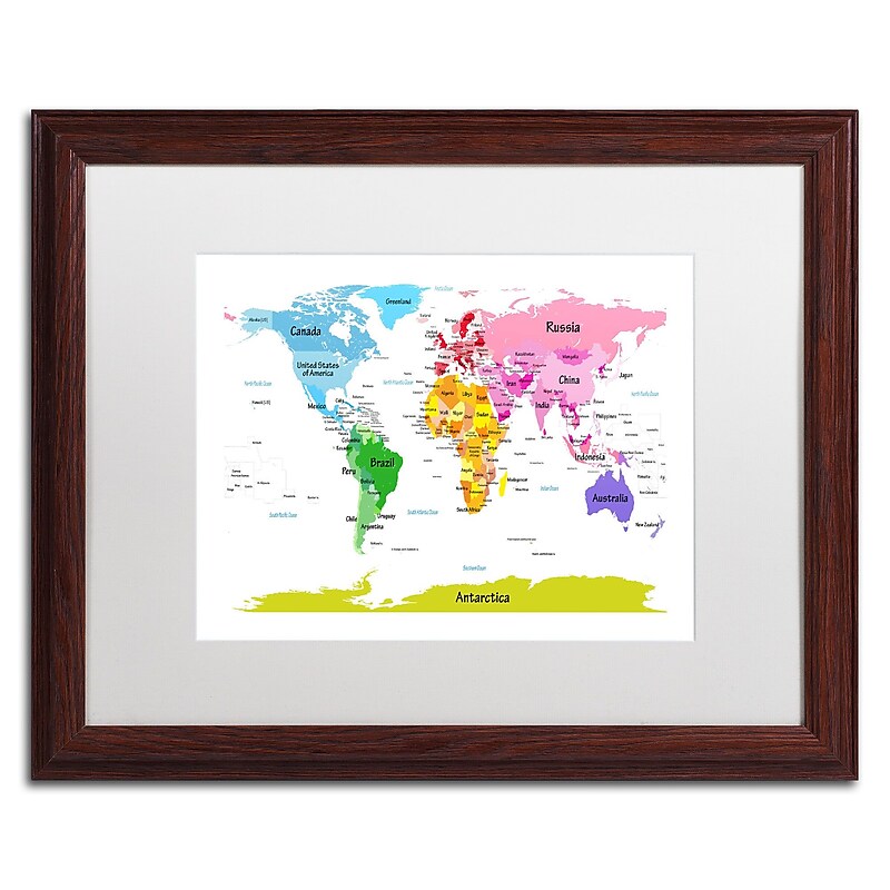 Trademark Michael Tompsett "World Map for Kids II" Art, White Matte W/Wood Frame, 16" x 20" image 1
