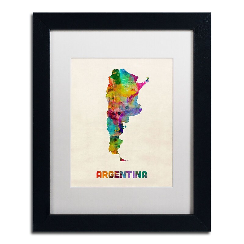 Trademark Michael Tompsett "Argentina Watercolor Map" Art, White Matte W/Black Frame, 11" x 14" image 1
