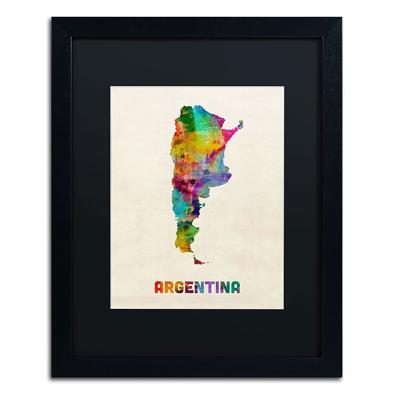 Trademark Michael Tompsett "Argentina Watercolor Map" Art, Black Matte W/Black Frame, 16" x 20" image 1