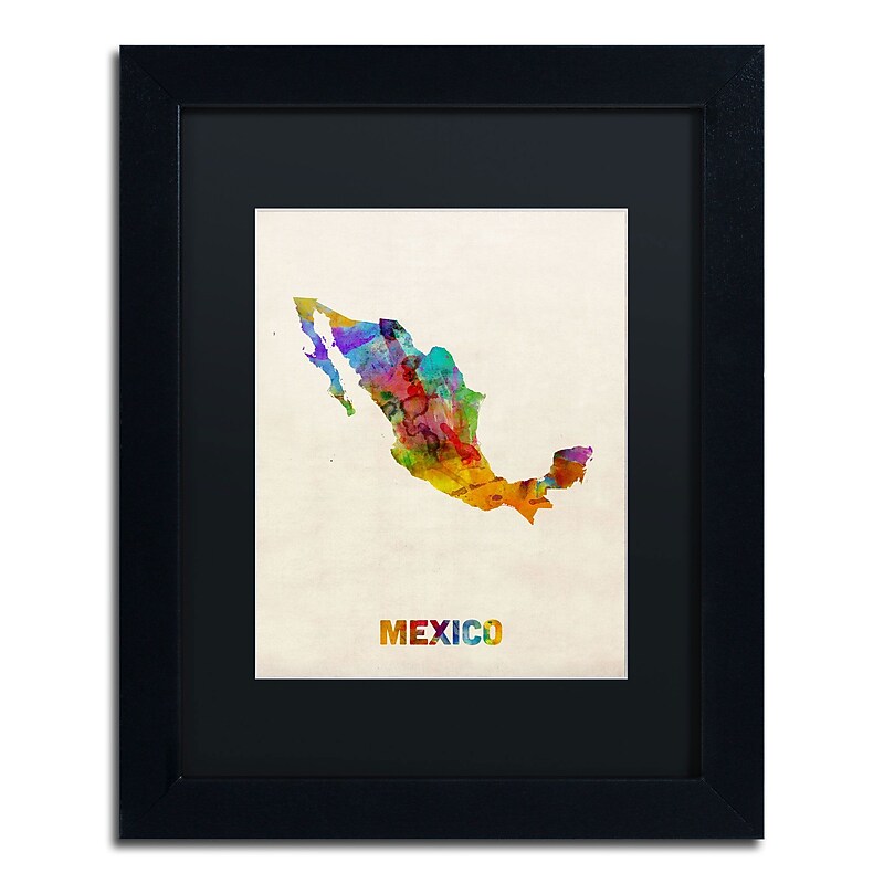 Trademark Michael Tompsett "Mexico Watercolor Map" Art, Black Matte W/Black Frame, 11" x 14" image 1