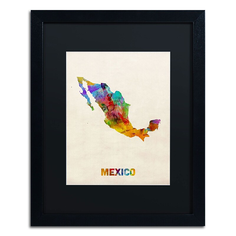 Trademark Michael Tompsett "Mexico Watercolor Map" Art, Black Matte W/Black Frame, 16" x 20" image 1