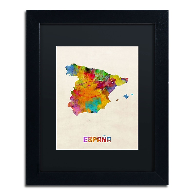 Trademark Michael Tompsett "Spain Watercolor Map" Art, Black Matte W/Black Frame, 11" x 14" image 1
