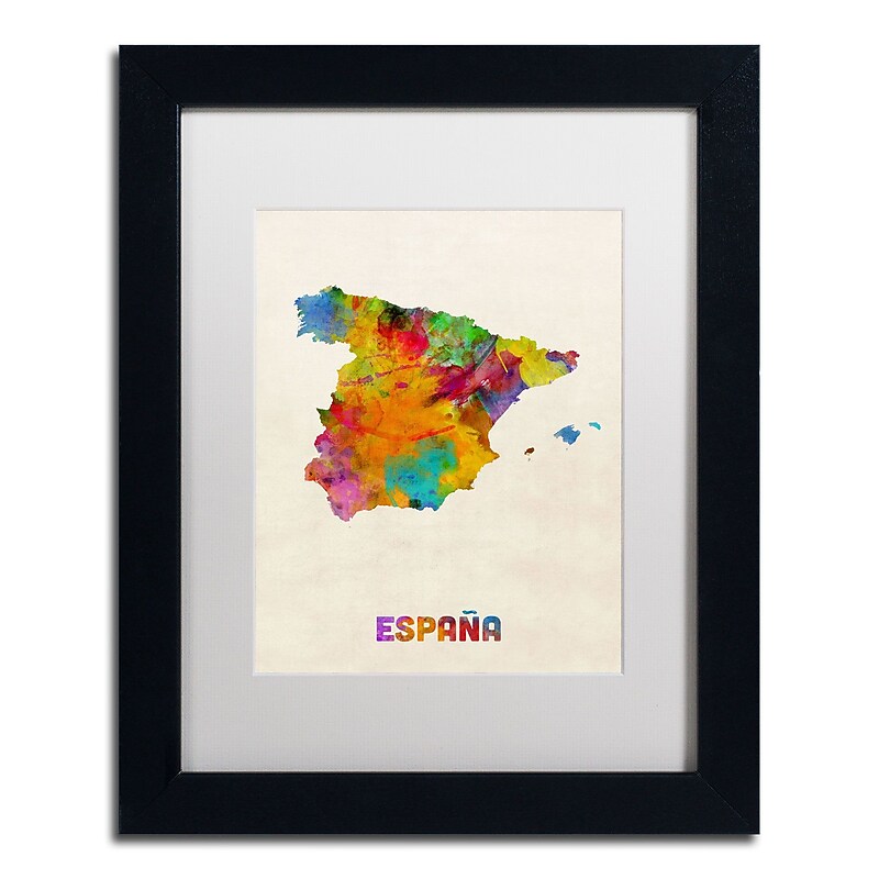 Trademark Michael Tompsett "Spain Watercolor Map" Art, White Matte W/Black Frame, 11" x 14" image 1